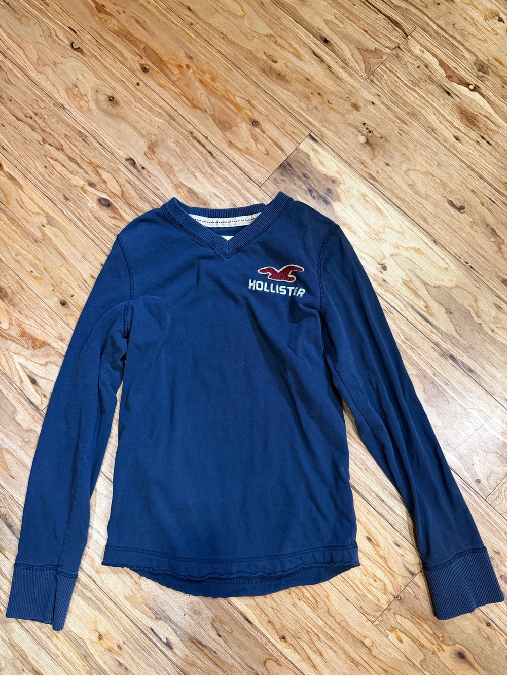 Hollister Navy Long-Sleeve V-Neck Top with Red Logo